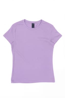 A lilac women’s essential tee with a round neck, short sleeves, and a tag visible inside.