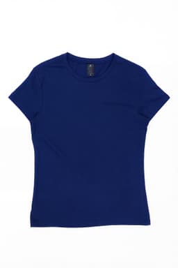 A navy blue women's t-shirt with a round neckline and short sleeves, featuring a logo tag.