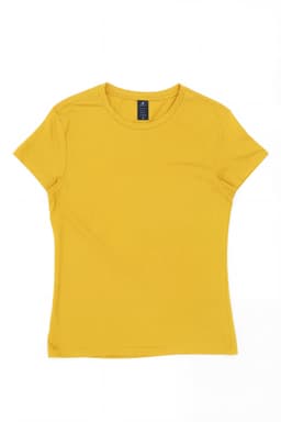 A women's yellow essential tee with short sleeves and a fitted design. It features a logo on the label.