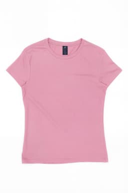 A pink women's essential tee with a short-sleeve design and a logo at the neckline.