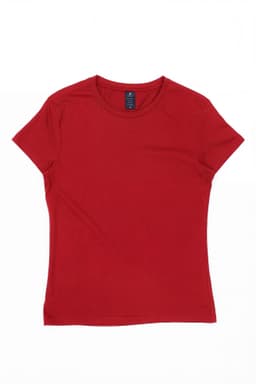 A red women's essential tee with short sleeves and a rounded neckline, featuring a label.