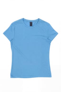 A blue women's essential tee with a fitted design and a branding label on the inside neck.