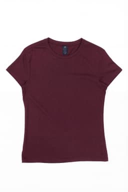 A burgundy women's essential tee with a round neckline and short sleeves, featuring a branding label.