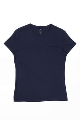 A navy women's essential tee with a fitted design and short sleeves, featuring a small logo.