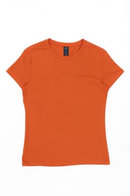 An orange women's essential tee featuring a classic crew neck and short sleeves. It has a brand label inside.