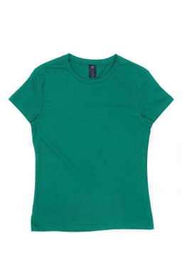 A green women's essential tee with a round neckline and short sleeves, featuring a logo on the label.