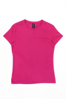 A pink women's essential tee shirt with a round neckline and short sleeves, featuring a logo on the tag.