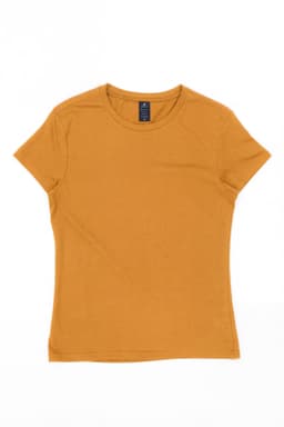 A mustard yellow women's essential tee with short sleeves and a round neckline, featuring a brand label.