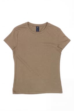 A women's essential t-shirt in a plain taupe colour, featuring a round neckline and short sleeves. It has a logo label.