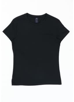 A black women's essential tee with a fitted design and short sleeves, featuring a logo on the label.