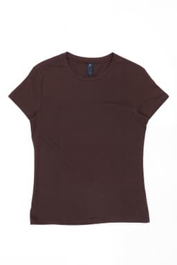 A brown women's t-shirt with a fitted style and short sleeves, featuring a small logo on the label.