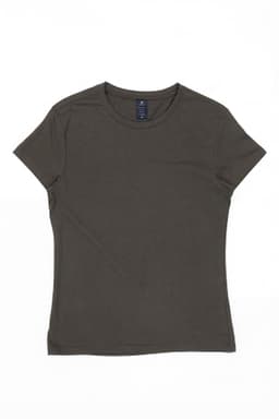 A dark olive green women's essential tee with a classic crew neck and short sleeves. It features a branding label.