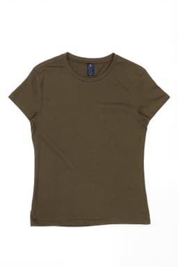 A women's essential tee in olive green with a round neckline and short sleeves, featuring a label inside.
