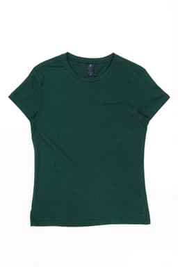 A green women's essential tee featuring a crew neck and short sleeves, with a label inside.