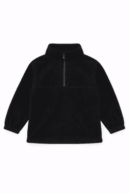 A black polar fleece jacket with a 1/4 zip and a high collar. Features soft, long sleeves and a discreet logo.