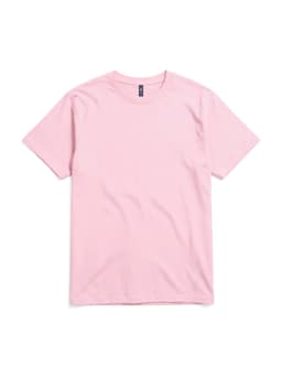 A pink essential tee featuring a crew neck and short sleeves, with a small logo on the neckline.