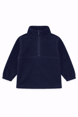 A navy blue polar fleece jacket with a 1/4 zip and long sleeves, featuring a small logo.