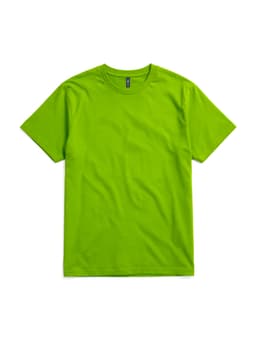 A bright green essential tee, featuring a classic crew neck design and a logo on the label.