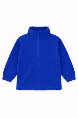 A blue polar fleece 1/4 zip jacket with a high collar and long sleeves, featuring a logo.