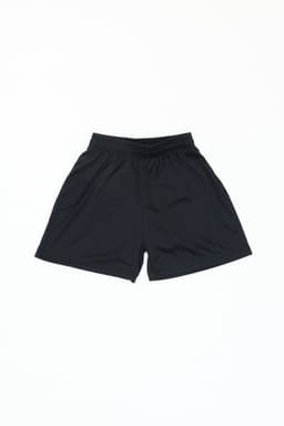 Black sports shorts with an elastic waistband, featuring a logo. Suitable for active wear.