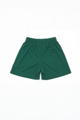 A pair of green sports shorts with an elastic waistband and a plain design, featuring a logo.