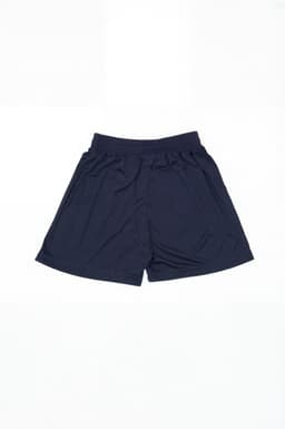 Navy blue sports shorts with an elastic waistband and a logo. The fabric appears lightweight and suitable for active wear.