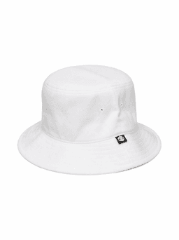 A white Terry Bucket Hat with a round, wide brim and a logo on the side.