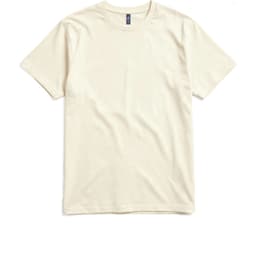A cream-coloured t-shirt with short sleeves, featuring a logo on the label.