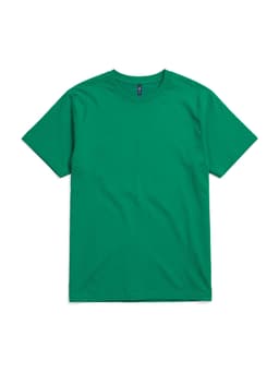 A green t-shirt featuring a round neckline. The shirt has a branding logo attached.