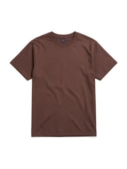 A brown essential tee shirt with a round neck and short sleeves, featuring a logo on the label.
