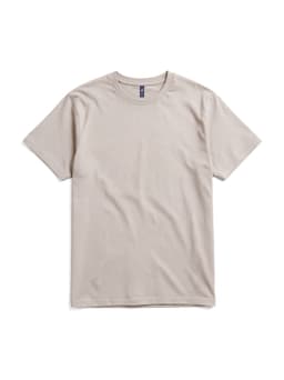 A light beige T-shirt with a classic crew neck and short sleeves, featuring a logo on the collar.