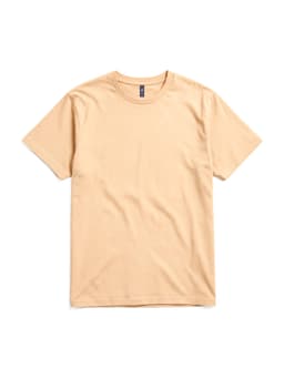 A beige t-shirt with short sleeves and a collar, featuring a logo on the label.