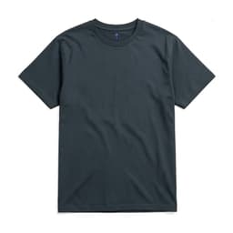 A dark green essential t-shirt with a crew neck and short sleeves, featuring a logo on the neck area.