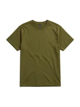 A plain olive green T-shirt featuring a crew neckline and short sleeves. It has a logo on the label.