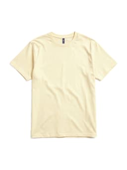 A plain yellow T-shirt with a round neck and short sleeves. The shirt features a small logo.
