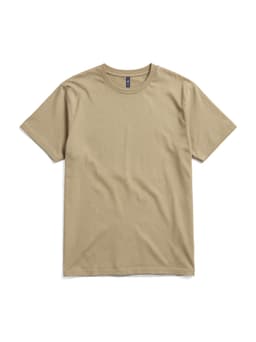 A khaki t-shirt with short sleeves and a crew neckline, featuring a branded label.
