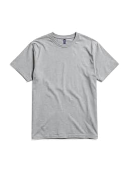 A grey essential t-shirt with short sleeves and a round neckline. It features a branding logo.