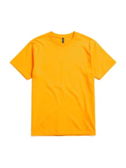 An orange T-shirt with a crew neck and short sleeves, featuring a logo.