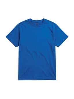 A blue t-shirt with a round neckline and short sleeves, featuring a logo on the inside tag.