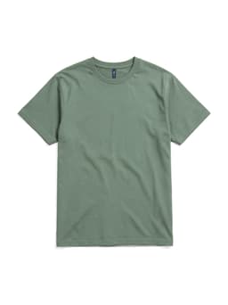 A green t-shirt with short sleeves, featuring a simple design and a logo on the neckline.