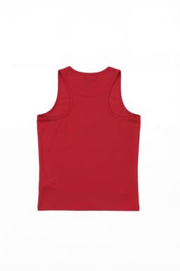 A red singlet with a plain design and a logo on the back, designed for youth sports.