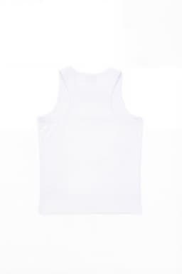 A white youth singlet featuring a simple design and strap shoulders, with a branding logo on the back.