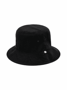 A black Terry Bucket Hat with a simple logo on the side and a classic wide brim.