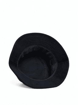 A black Terry bucket hat with a wide brim and a soft, textured interior. It features a logo on the side.