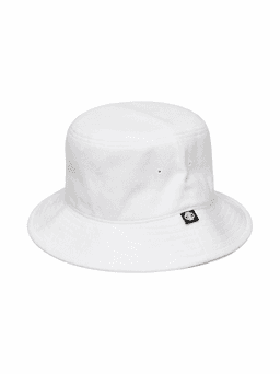 A white Terry Bucket Hat with a branded logo and a wide brim for sun protection.