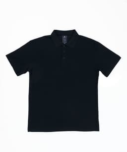 A black polo shirt with a collar and three buttons, featuring a logo on the chest area.