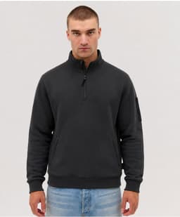 A black fleece 1/4 zip jumper with a zipper and a logo on the sleeve, worn by a model.