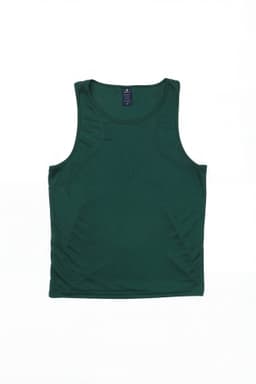 A green singlet featuring a simple design and a label at the neckline. It has a logo on the inside.
