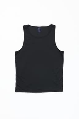 A black sleeveless singlet featuring a logo, made from a smooth, lightweight fabric.