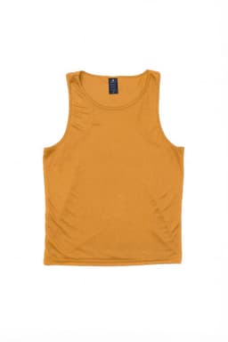 A mustard yellow singlet featuring a round neckline and branding on the interior label.